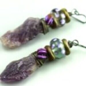 Rustic Amethyst Gem Earrings, Great Statement Boho Hippie 3" approx. length